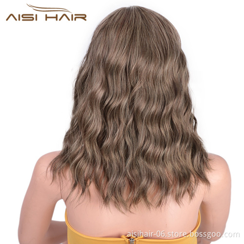 Aisi Hair Wholesale Cheap Synthetic Short Curly Wave Brown Bob Wigs With Neat Bangs Hair Wigs For Black White Women